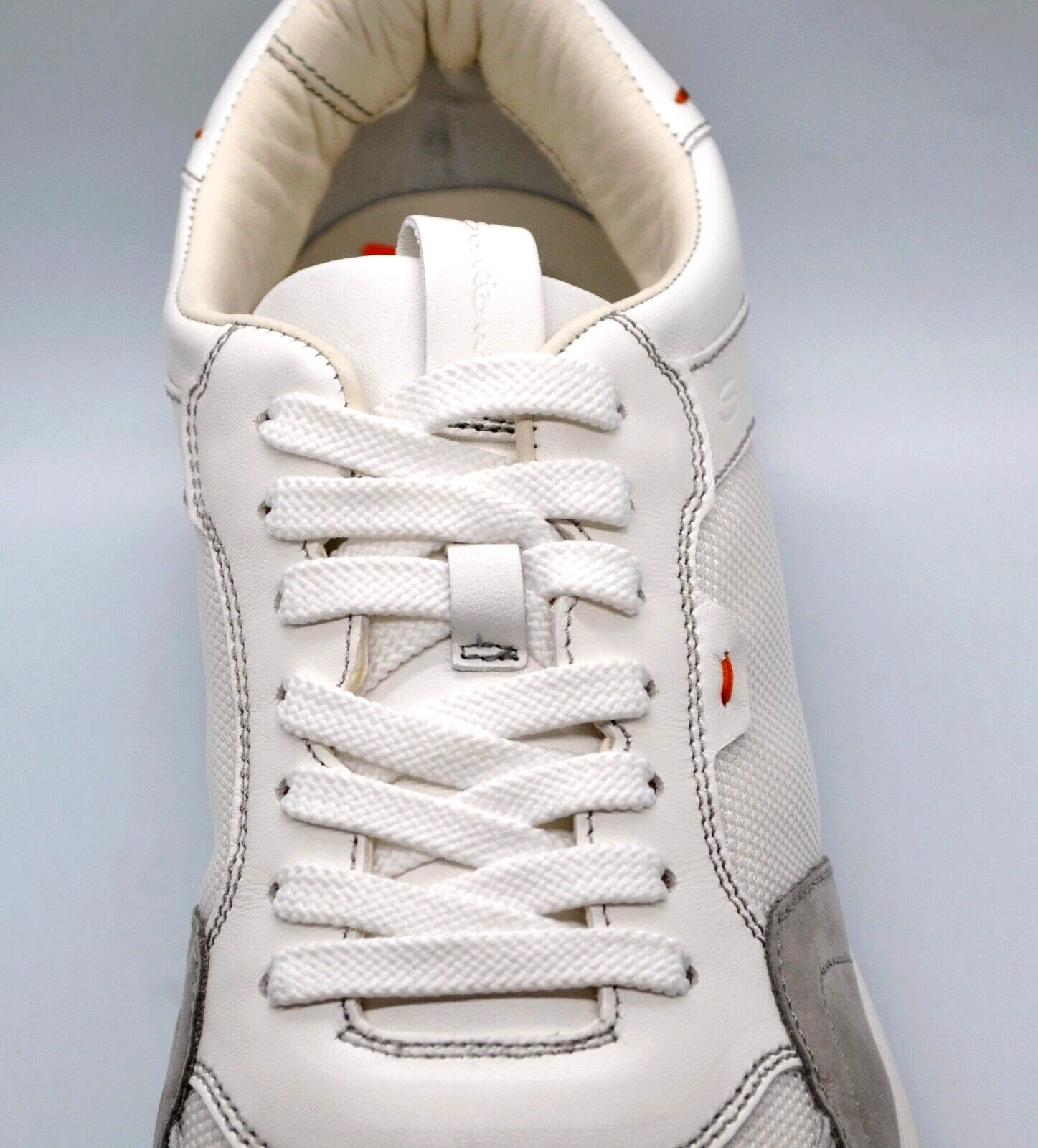 Santoni Soft Leather Men’s White Textile Italy Sneakers Shoes Size US 12 EU 11