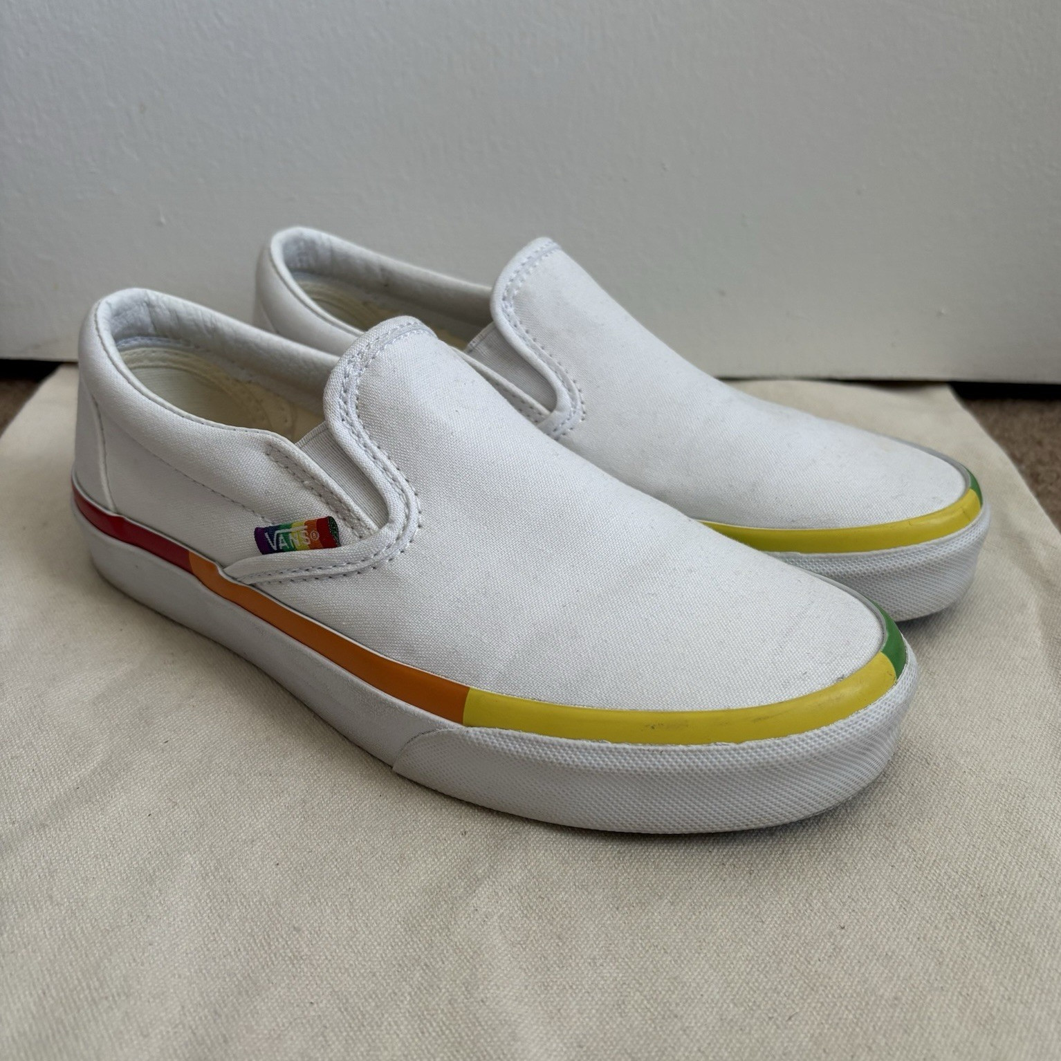 VANS Classic Slip-On White Canvas Rainbow Pride Sneaker Men’s 5 Women’s 6.5