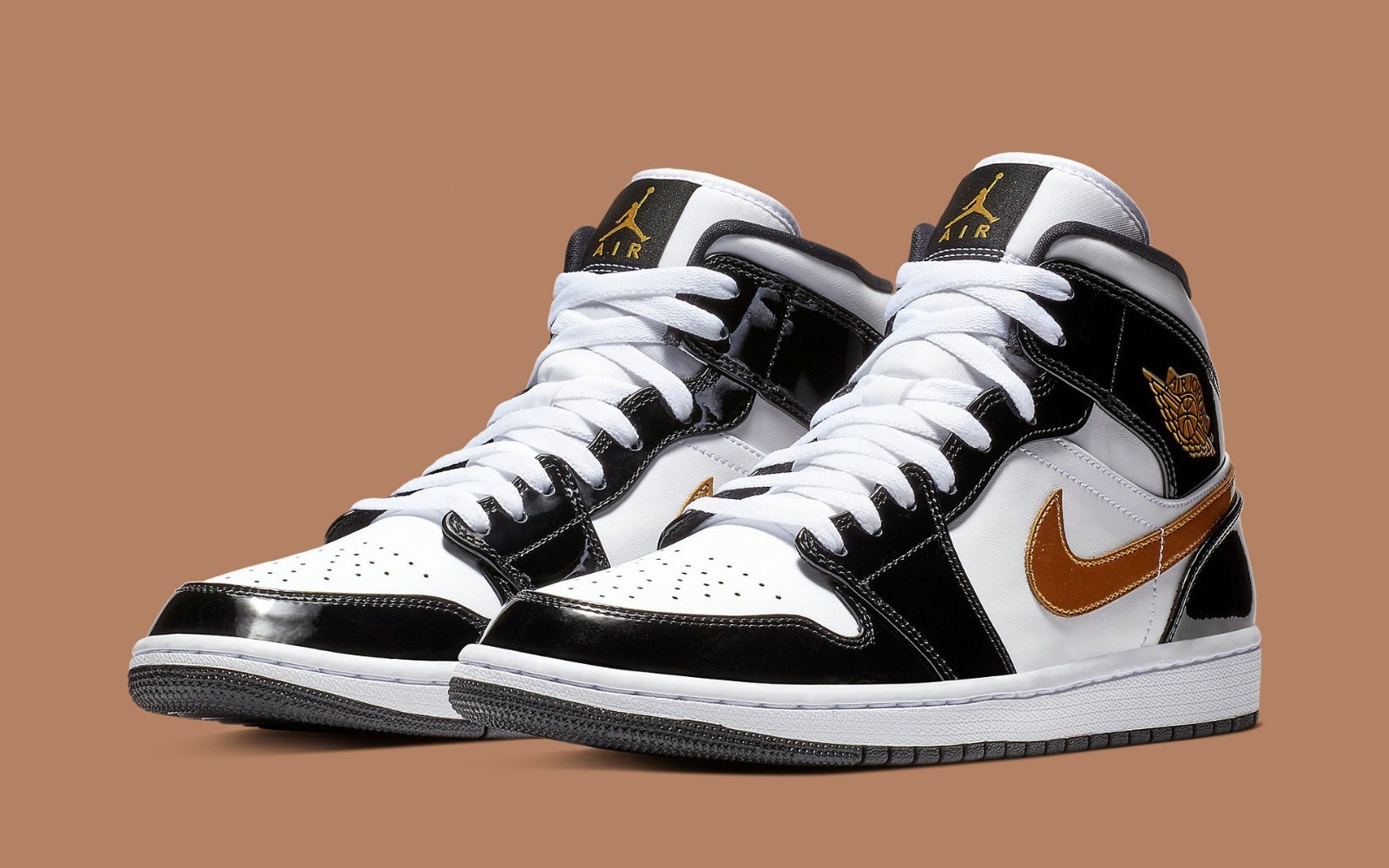 Nike Air Jordan 1 Mid Patent Black White Gold Mens Sports Sneaker 852542-007