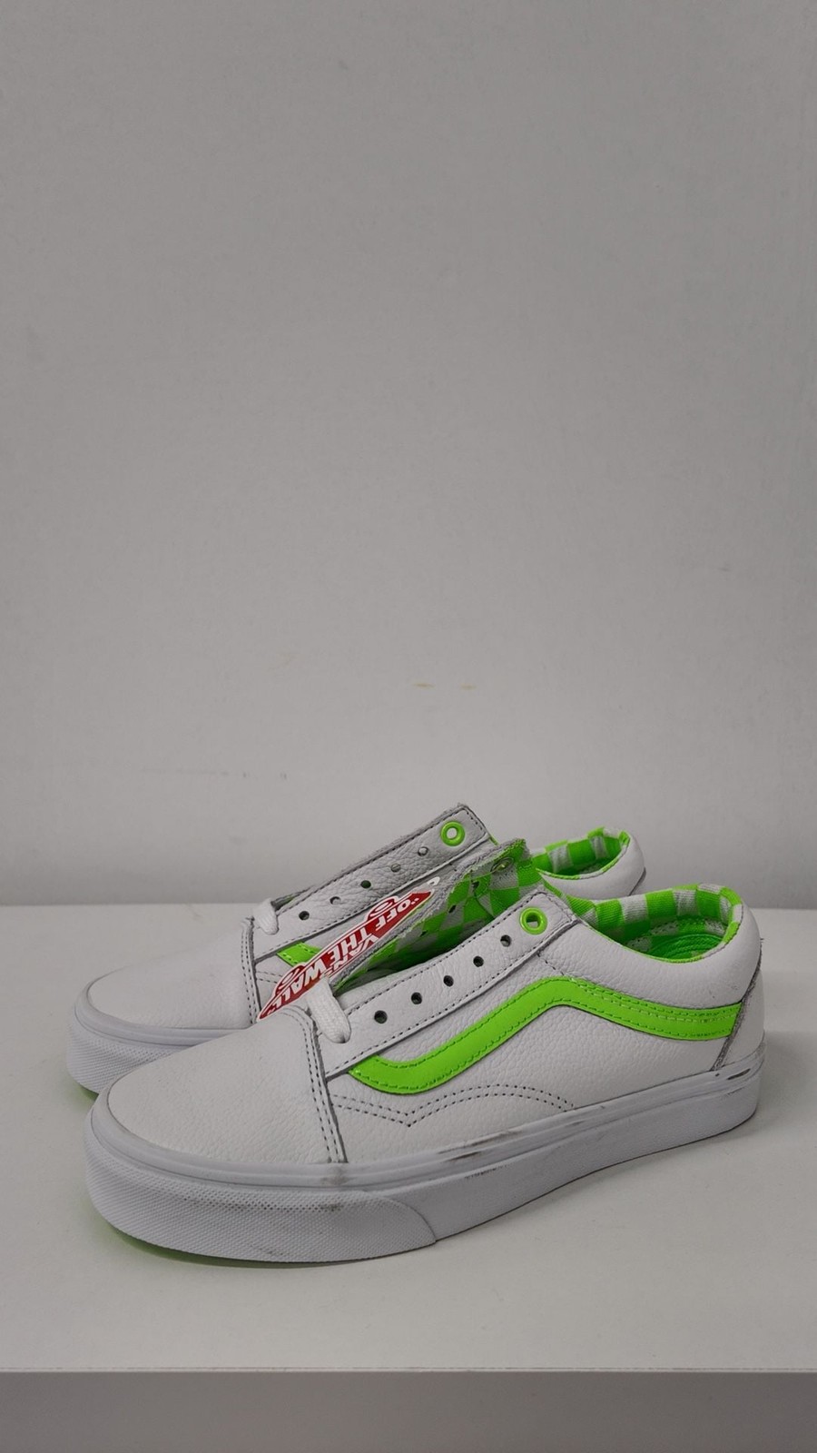 Vans Old Skool White Leather Sneakers – Neon Green Accents (Size M 6.0 / W 7.5