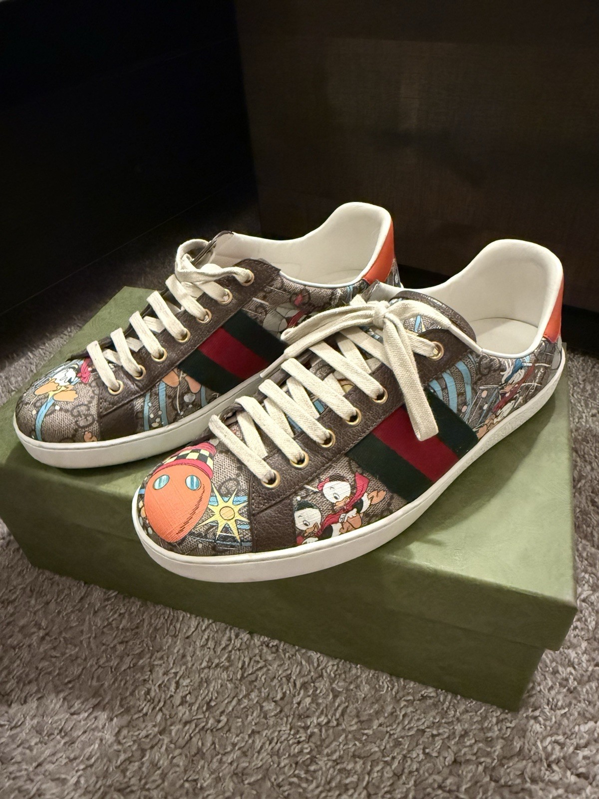 Gucci Ace x Disney Donald Duck GG Monogram Low Top Lace-Up Leather Sneaker