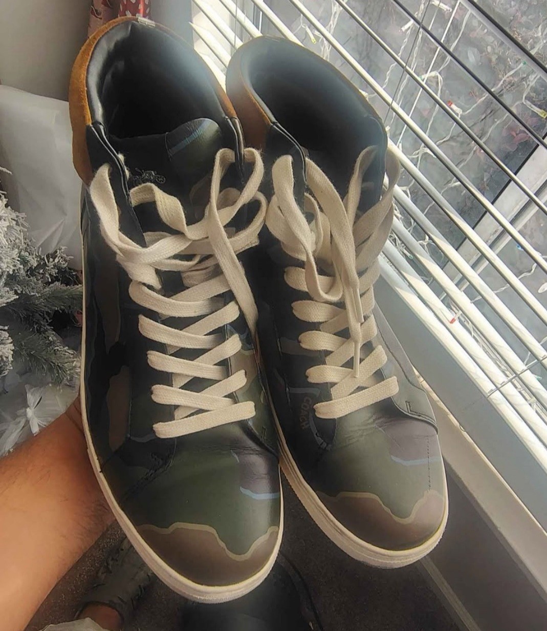 Men’s High Top Camouflage Lace-Up Sneakers Green Brown Beige Army Coach