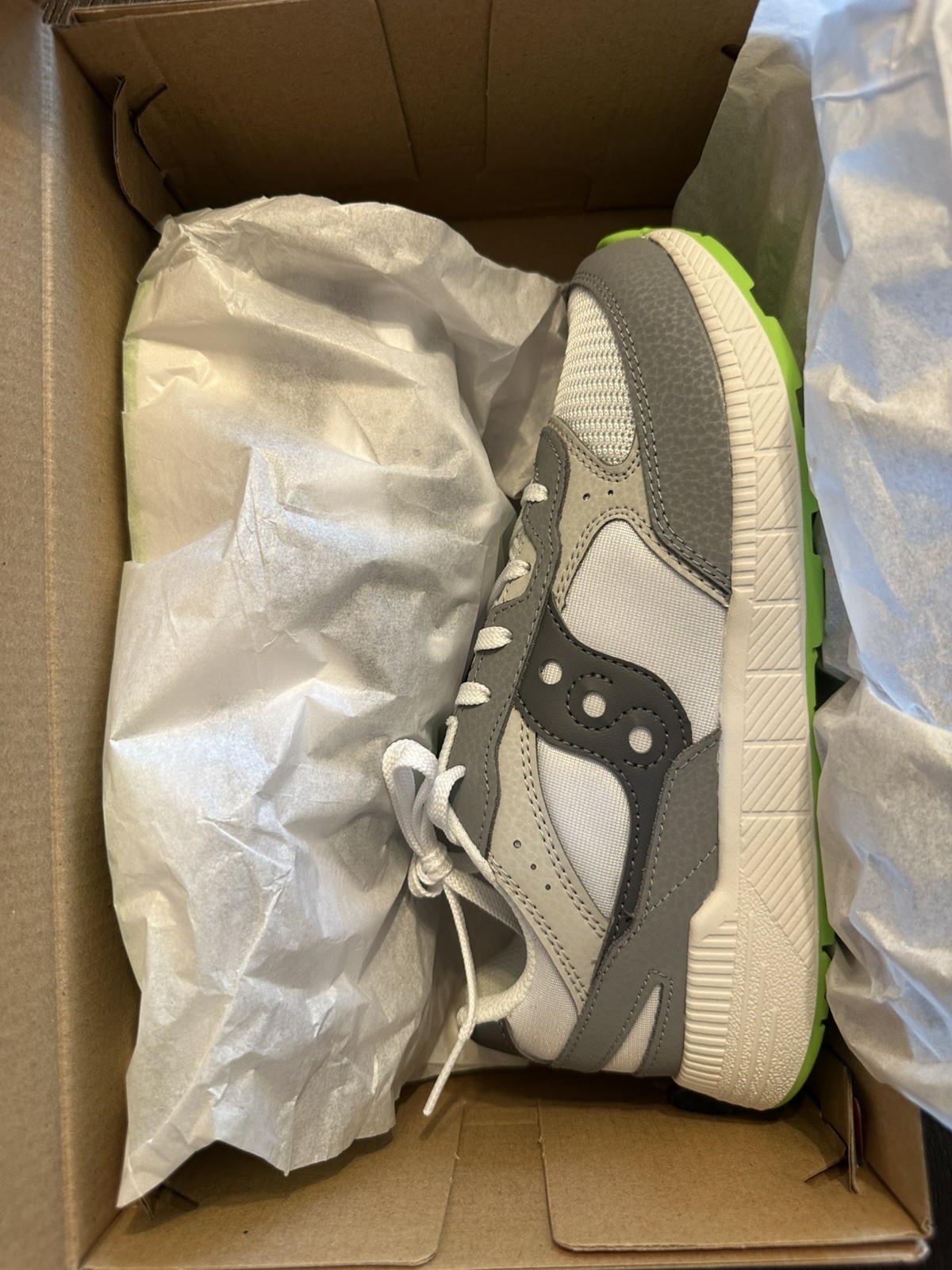 Saucony Eclipse KDZ Size 4 Men / 5.5 Women. White / Grey / Lime