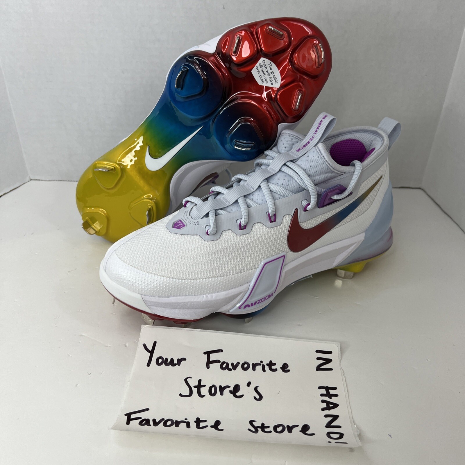 Nike Force Zoom Trout 9 Elite White Rainbow Baseball Cleats FV4575-106 Mens Sz 7