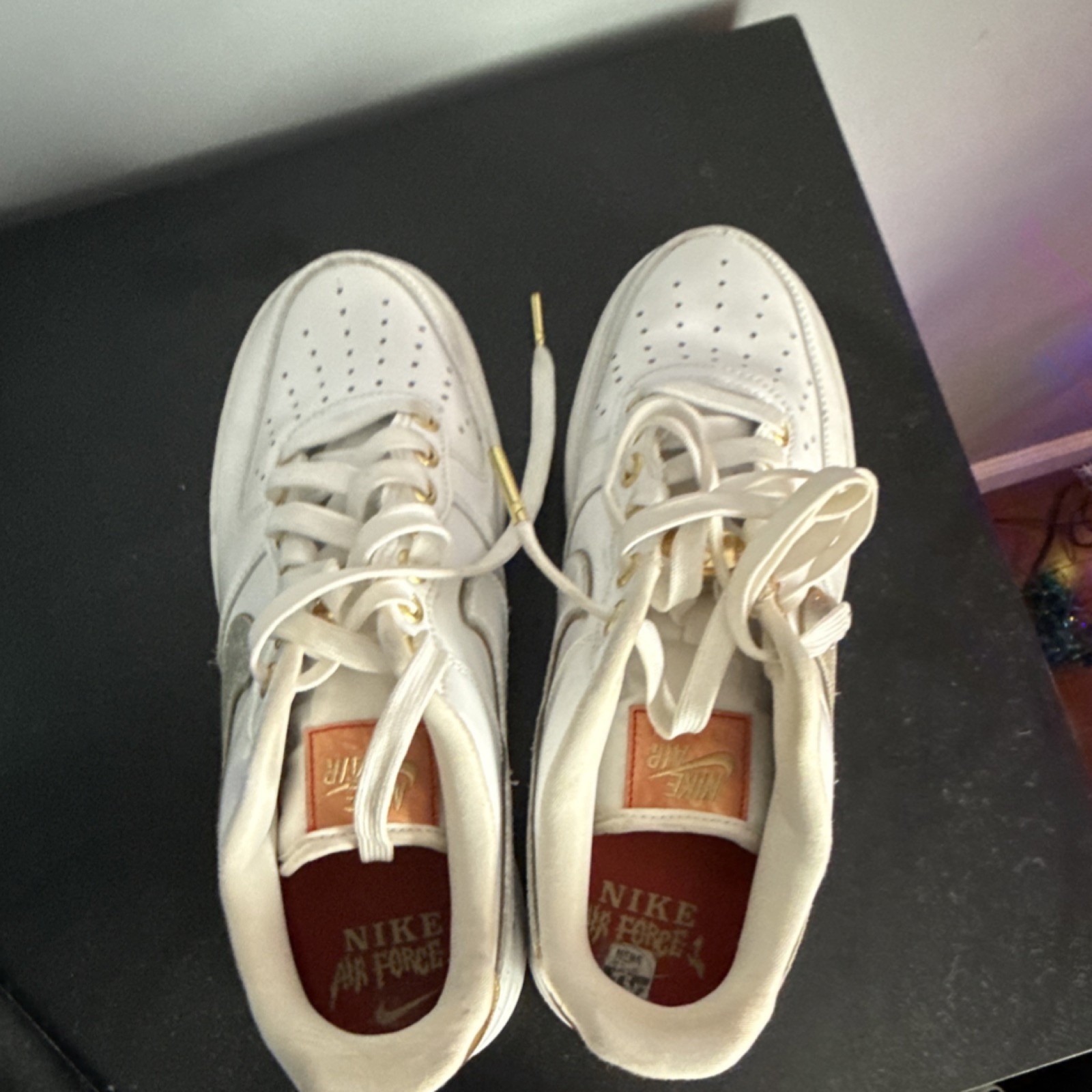 Nike Air Force 1 Low Top Sneakers White Gold Lace Up Athletic Basketball