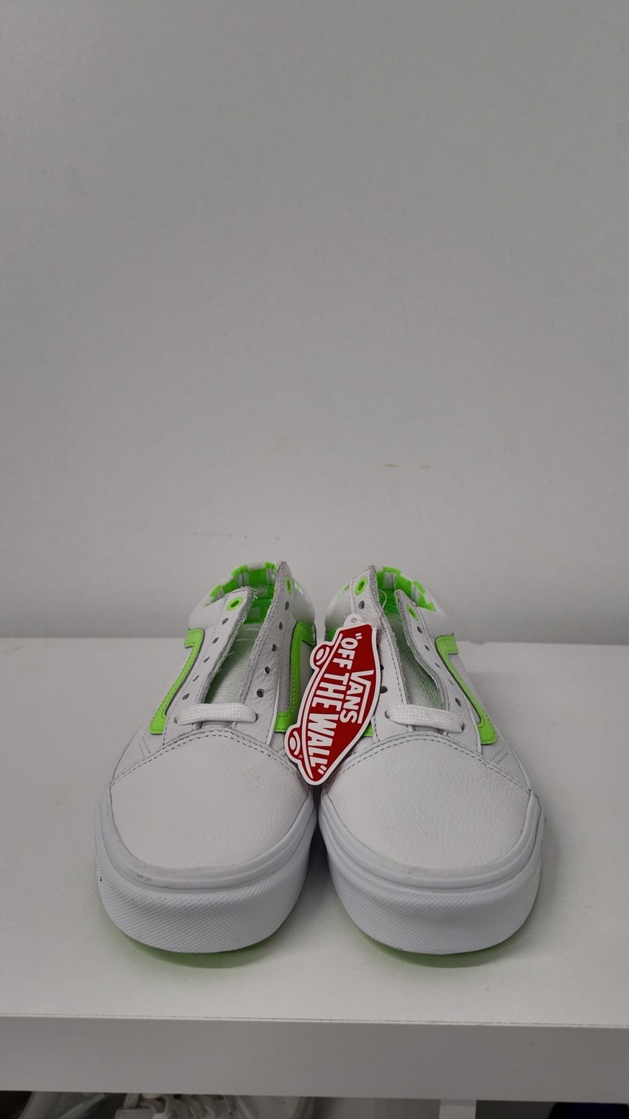 Vans Old Skool White Leather Sneakers – Neon Green Accents (Size M 6.0 / W 7.5
