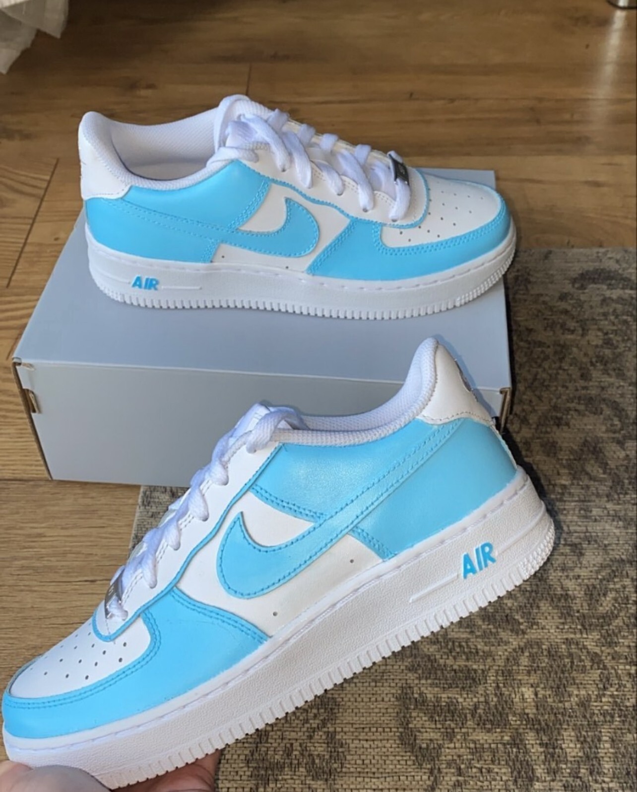 Air Force 1 Custom Low White, Light Baby UNC Blue Line Art Mens Womens Sneakers