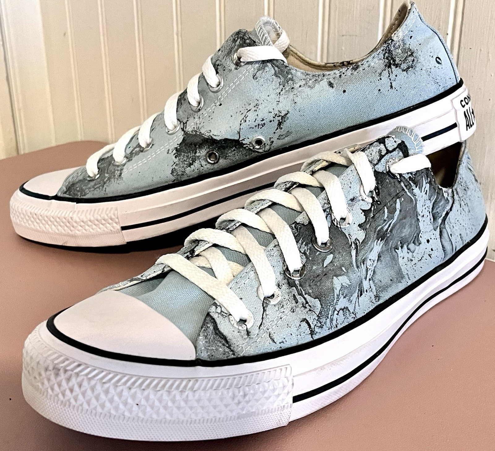 Men Converse All Star Sneakers Sz 12 Custom Black Paint Splats Shoes Light Blue