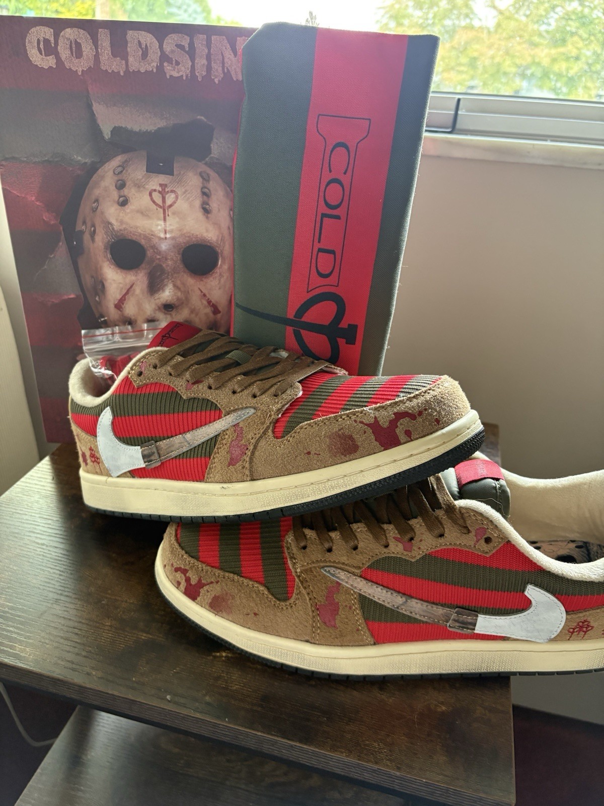 COLD SINS Nightmares Low Top Striped Sneakers Red/Green Jason Voorhees