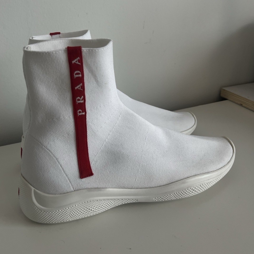 AUTHENTIC PRADA WOMENS White/Red Mid Top Sock Sneakers w/ Logo Pull Tab