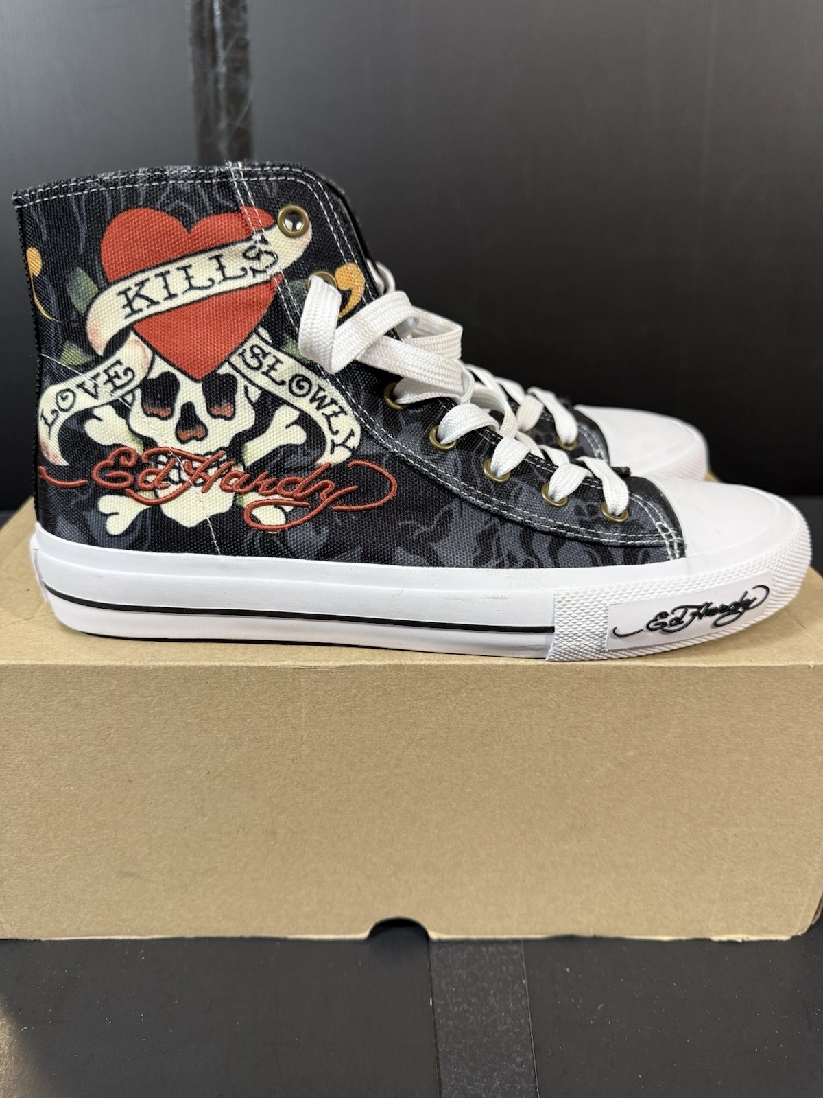 Ed Hardy Men’s Black Heart Skull HI TOP shoes sneakers embroidered logo 9 NWOB