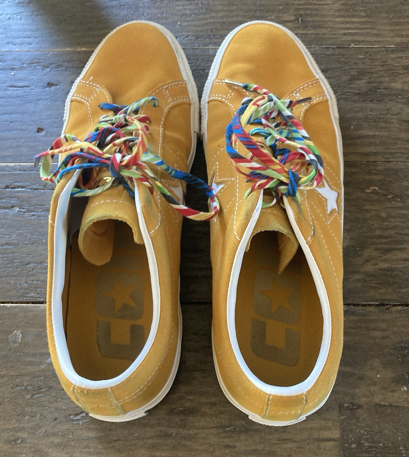 Converse Cons Leather Shoes Size 10 Men 11.5 Women Yellow w/ Multicolored Laces