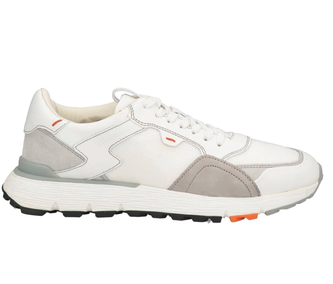 Santoni Soft Leather Men’s White Textile Italy Sneakers Shoes Size US 12 EU 11
