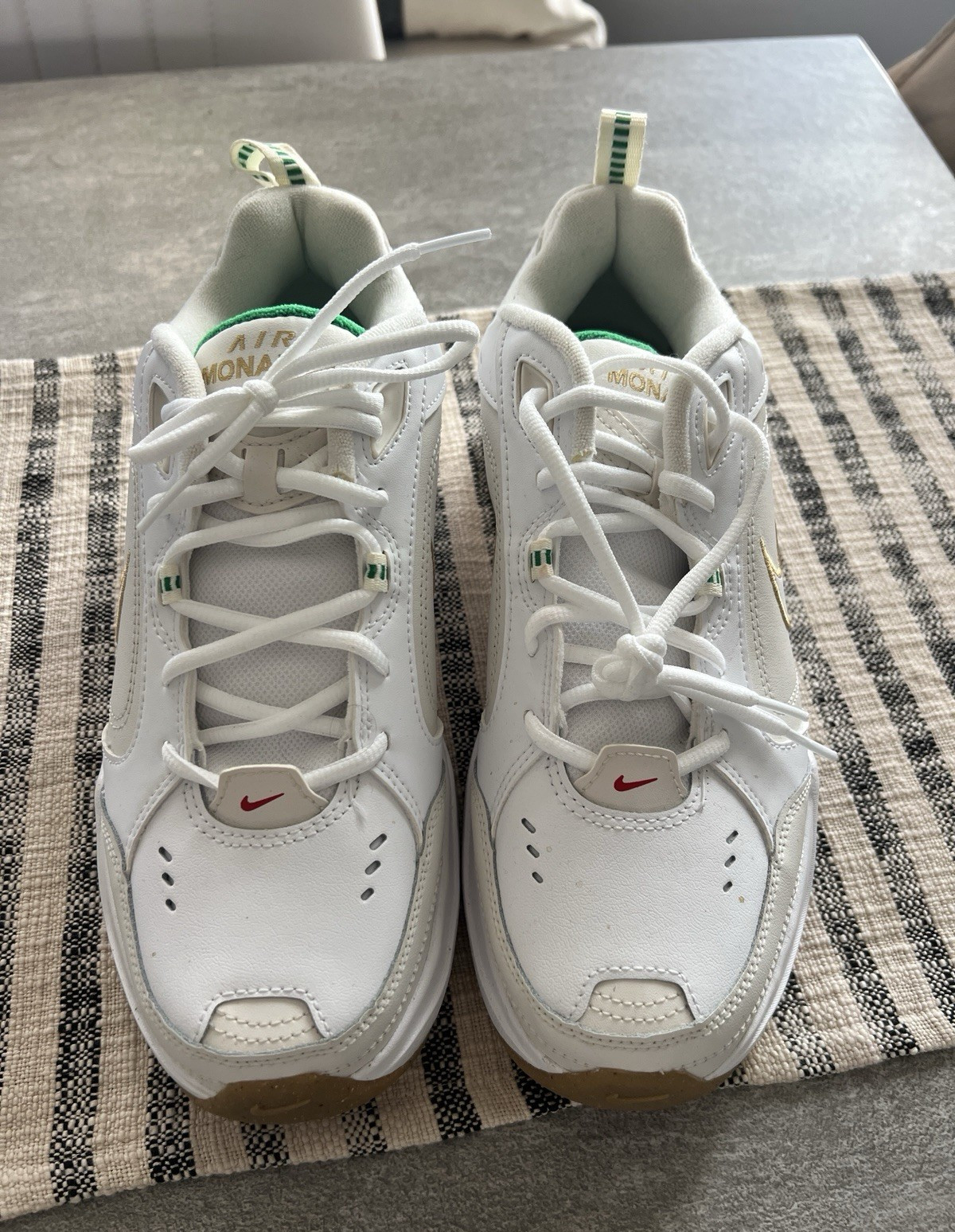 Nike Air Monarch IV Men’s Low Top Leather Sneakers White/Green/Gold 415445-103